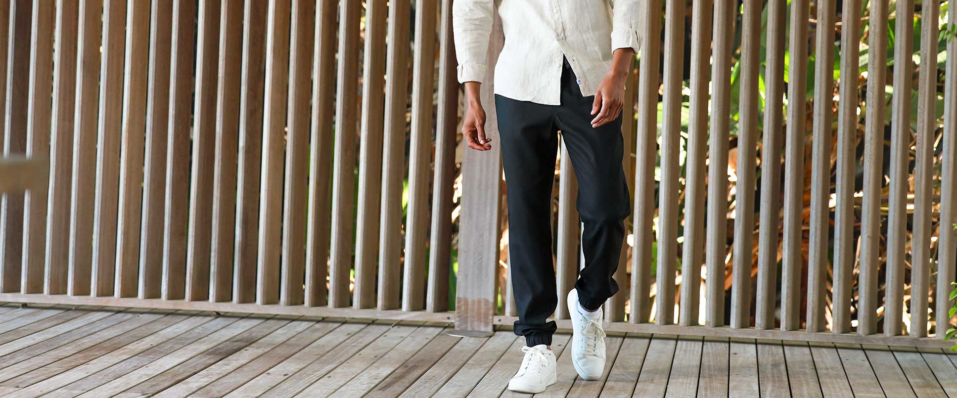 Breazies natural pure linen shirt being worn with long black linen pants