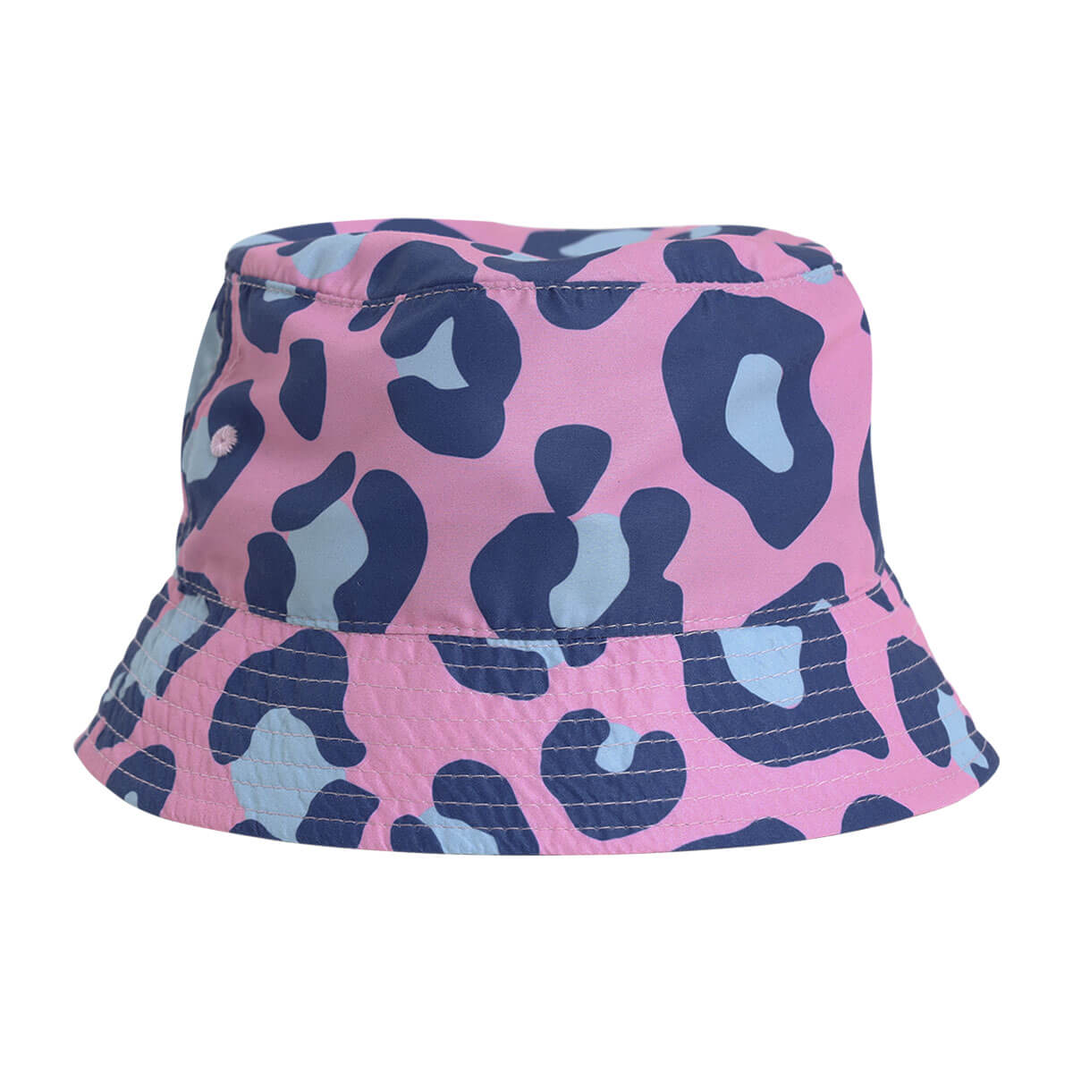 Bucket hat with pink and blue leopard print.