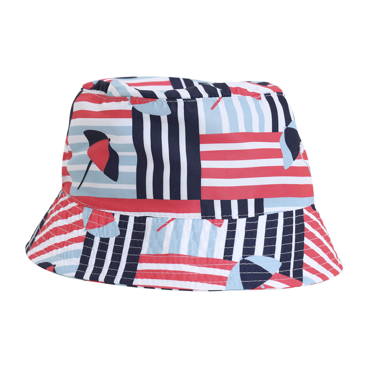Bucket hat with red, blue, and white striped umbrella pattern.