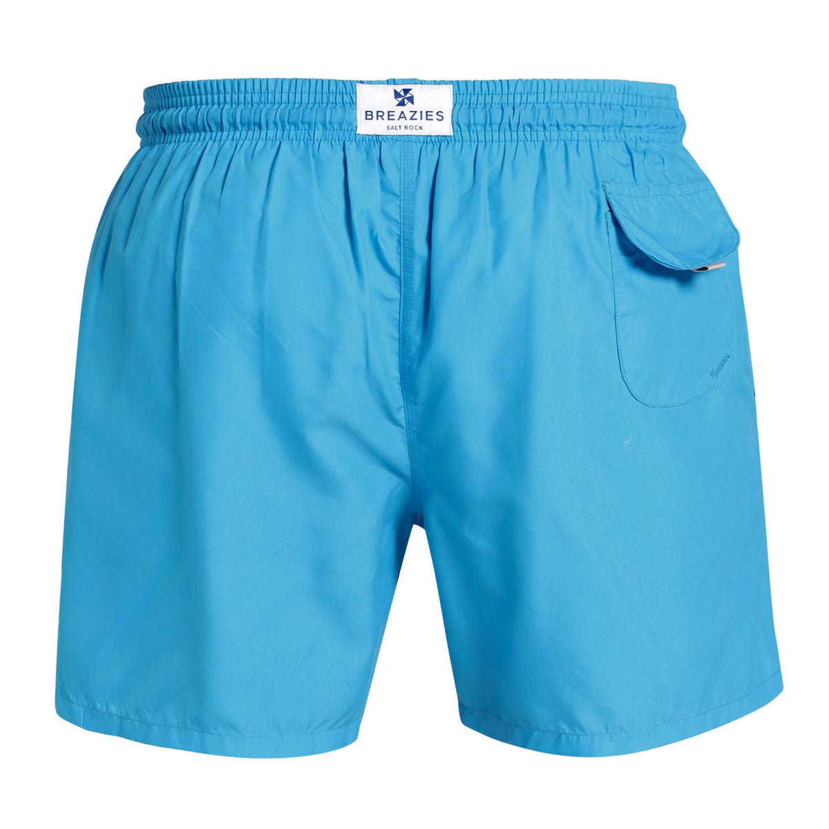 Breazies men’s bubblegum blue swim shorts with an elastic waistband and blue drawstring.