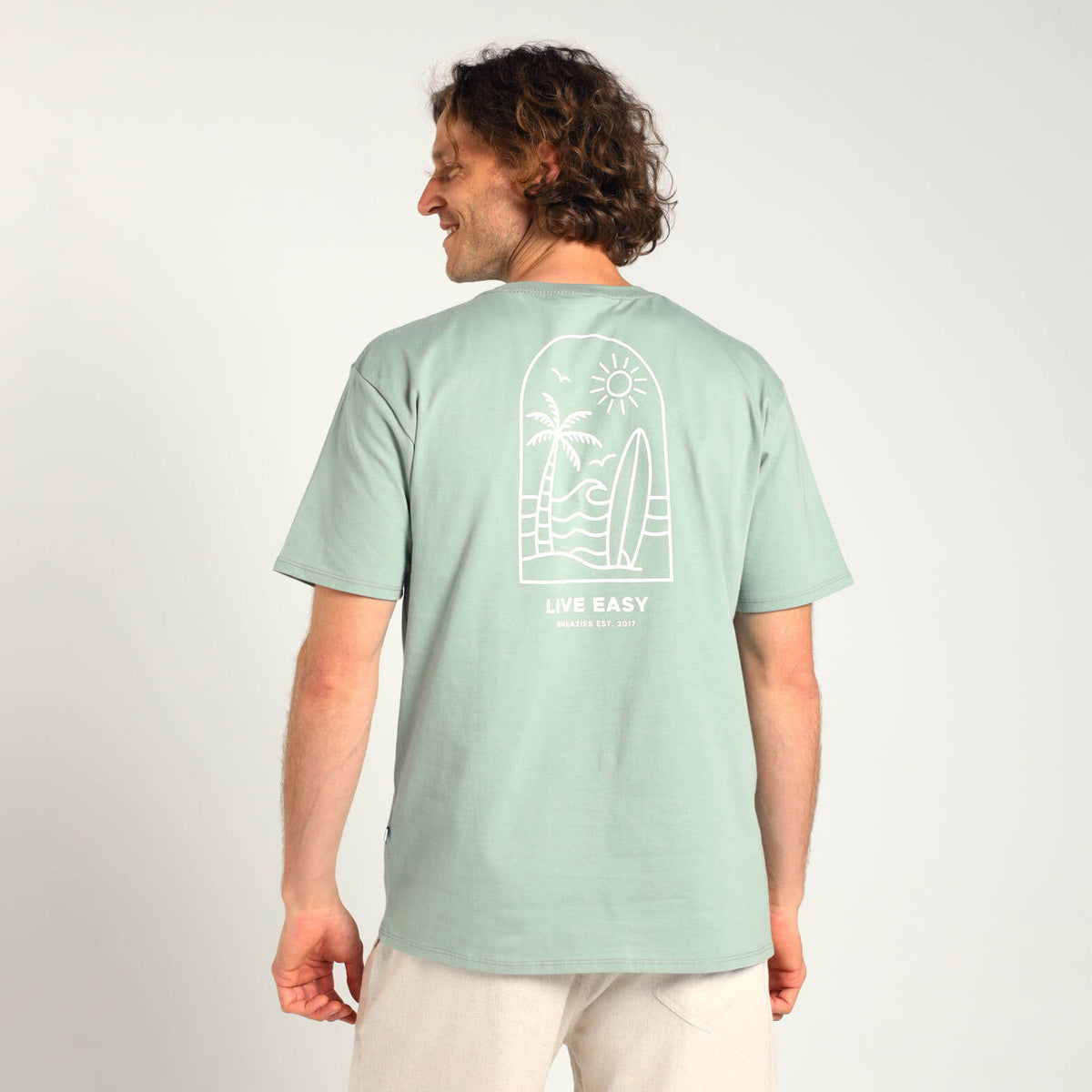 Printed Cotton Tee - Live Easy | Sage