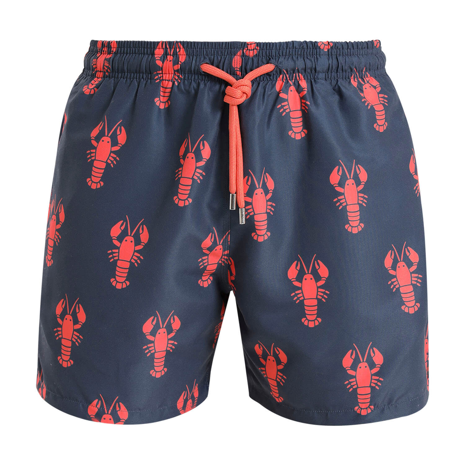Steel swim shorts with a matching draw cord and orange lobster pattern