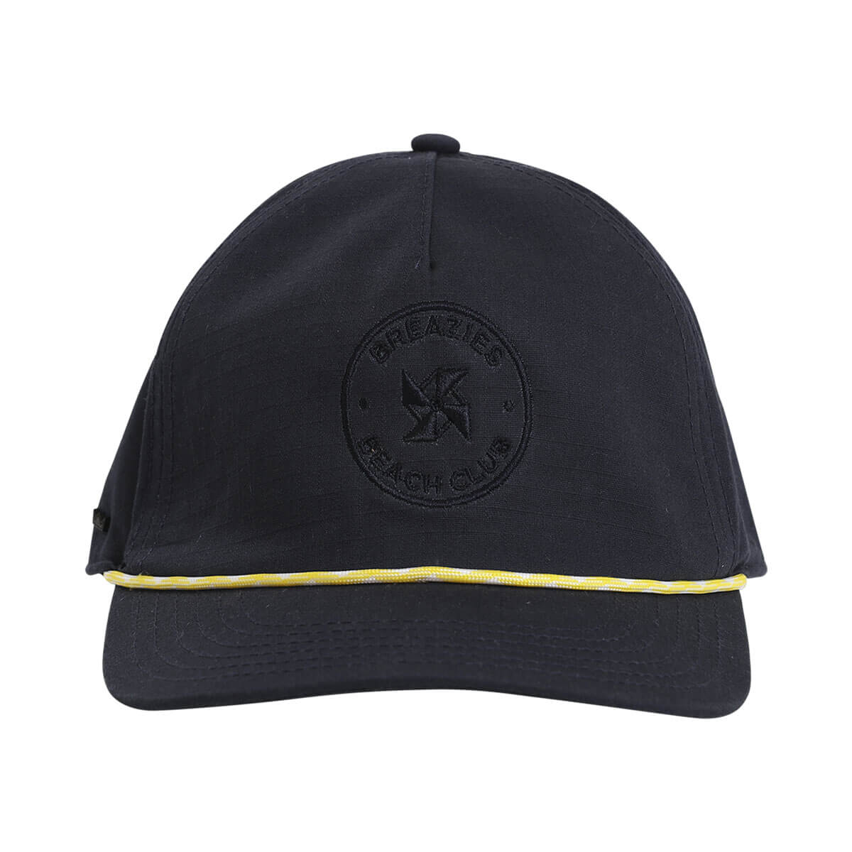 Navy cap with subtle self colour embroidery that says Breazies Beach Club