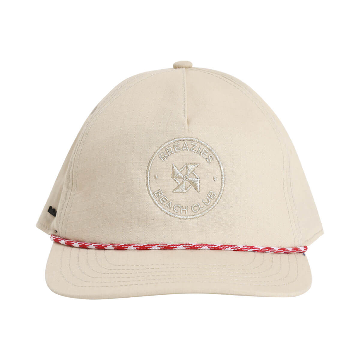Beige cap with red string and with subtle self colour embroidery that says Breazies Beach Club
