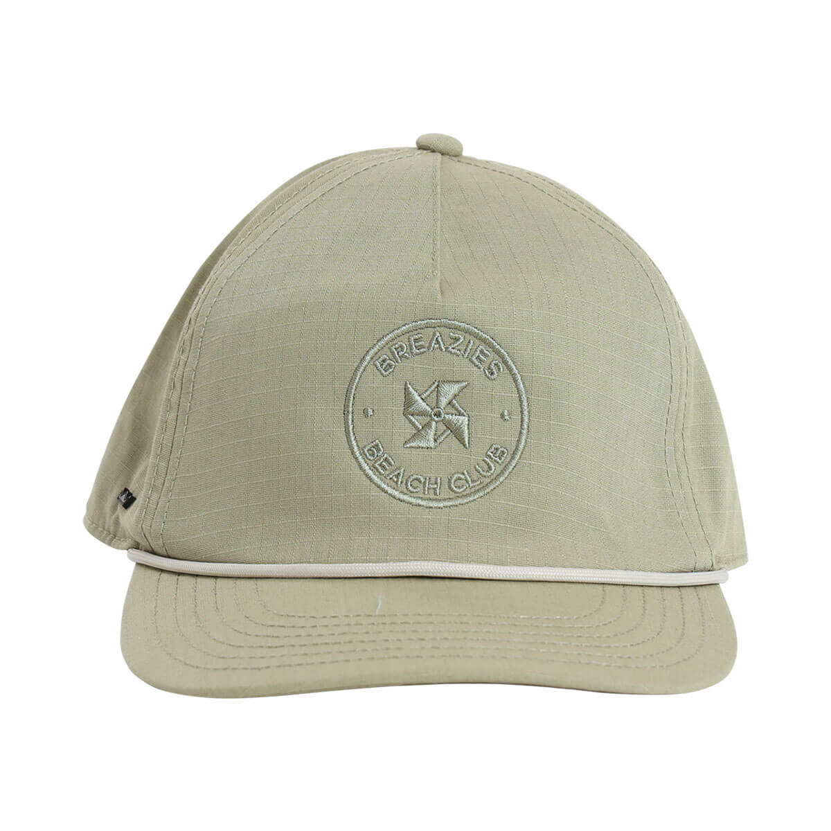 Sage cap with subtle self colour embroidery that says Breazies Beach Club