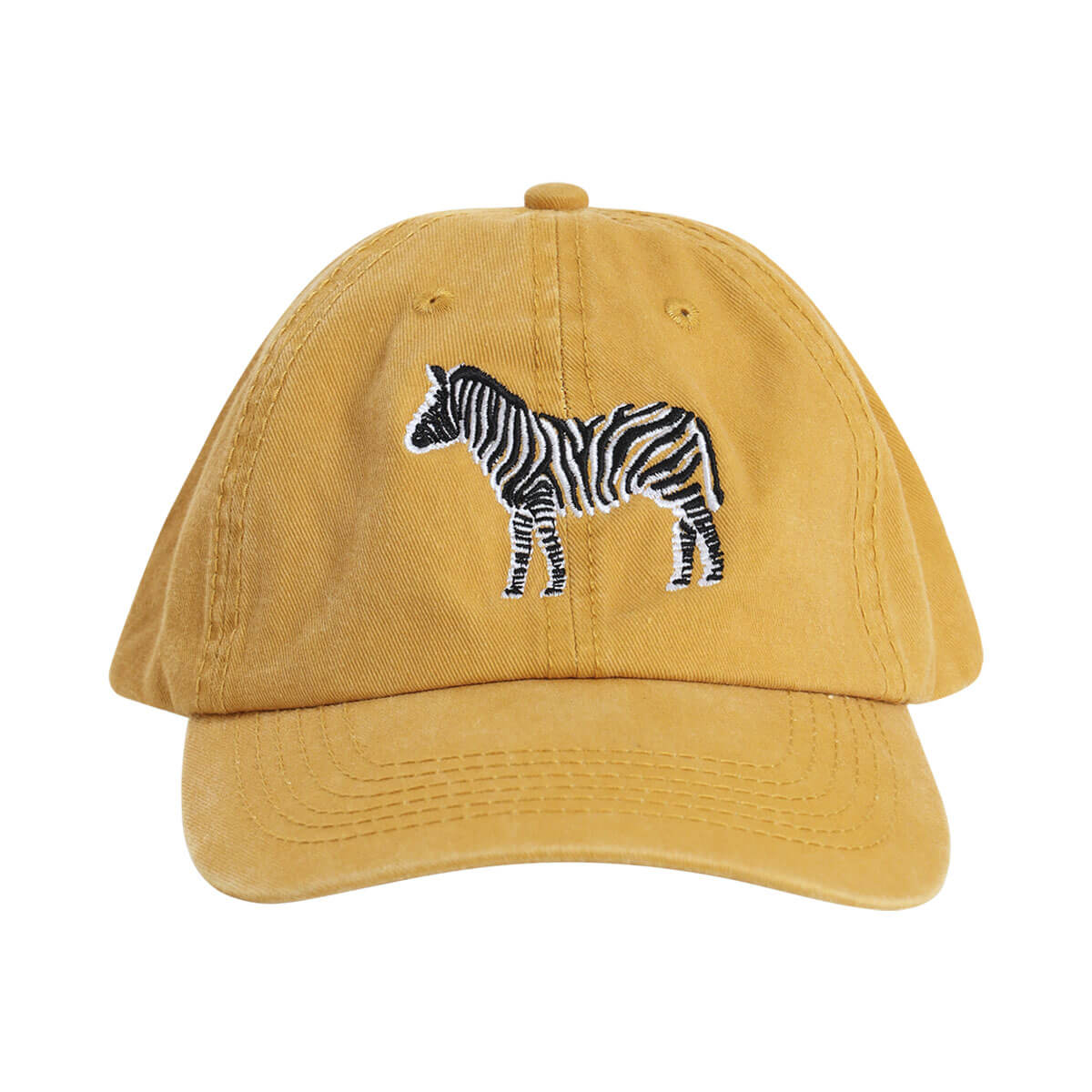 A mustard yellow twill cap with a washed look and an embroidered zebra on the front.
