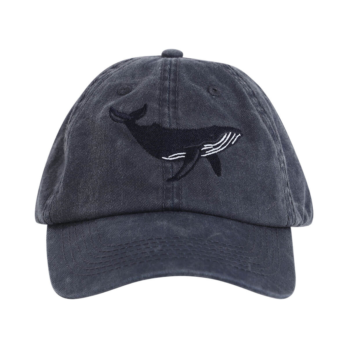 Navy twill cap with a washed look and an embroidered whale on the front.