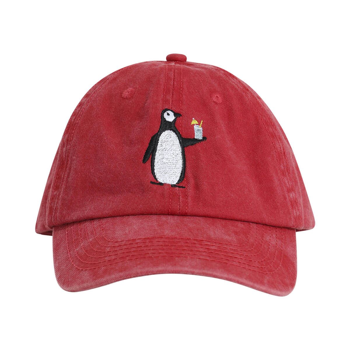 Red cotton hat with an embroidered penguin on the front panel.
