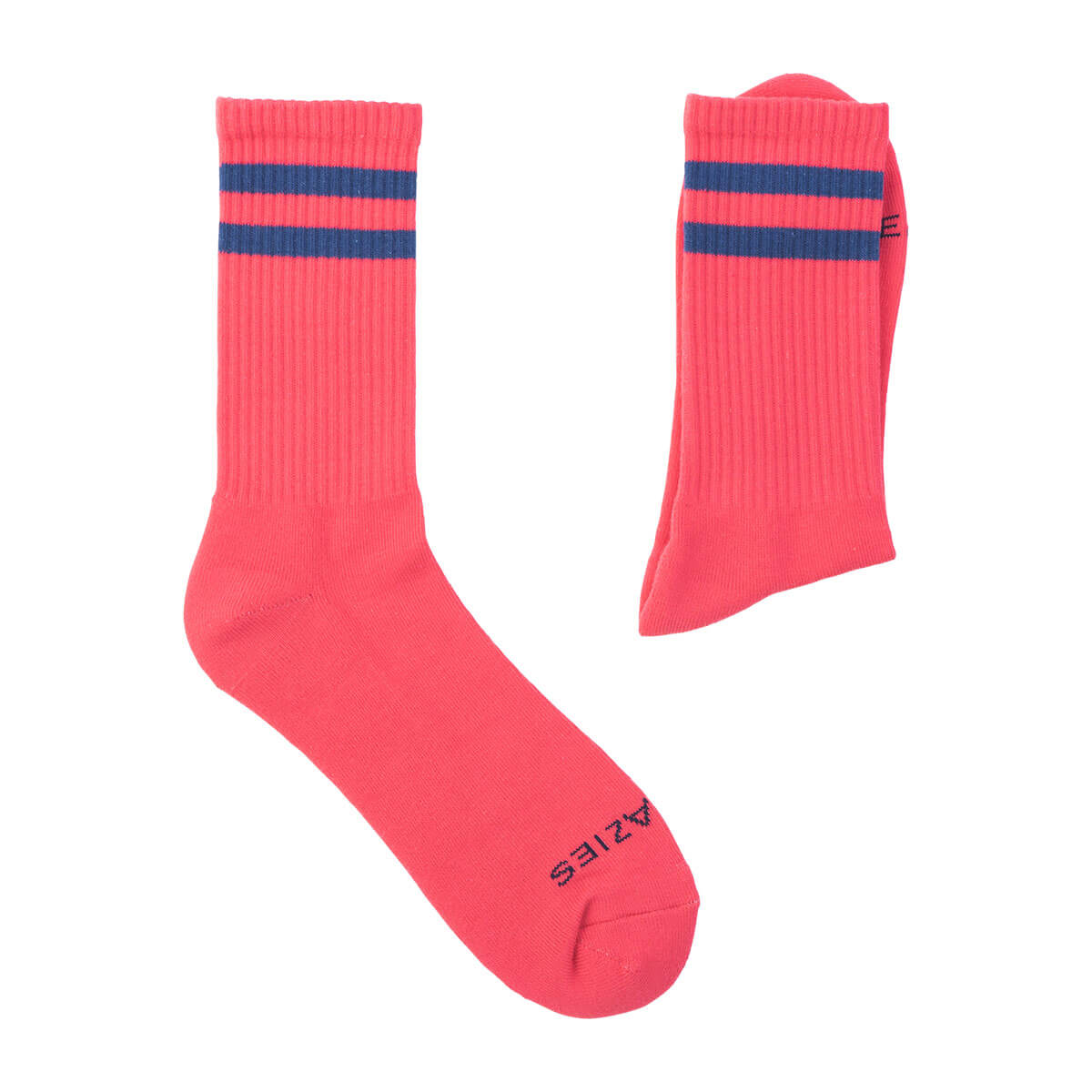 A pair of coral red socks with navy blue stripes and ribbed cuffs, with the brand name 'Breazies' visible on the toe area.