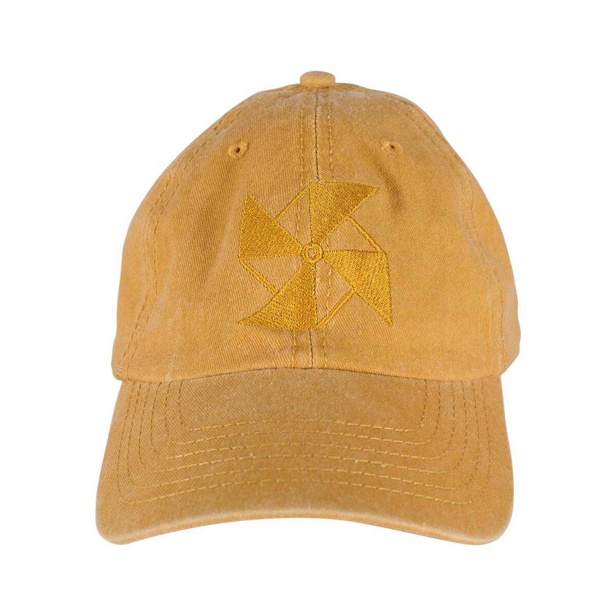 Mustard cap with a washed look and an embroidered self colour Breazies logo on the front.