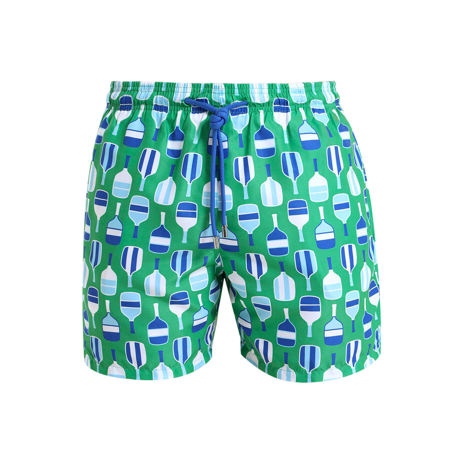 Boys swim shorts for boys with a green and blue beach bat design