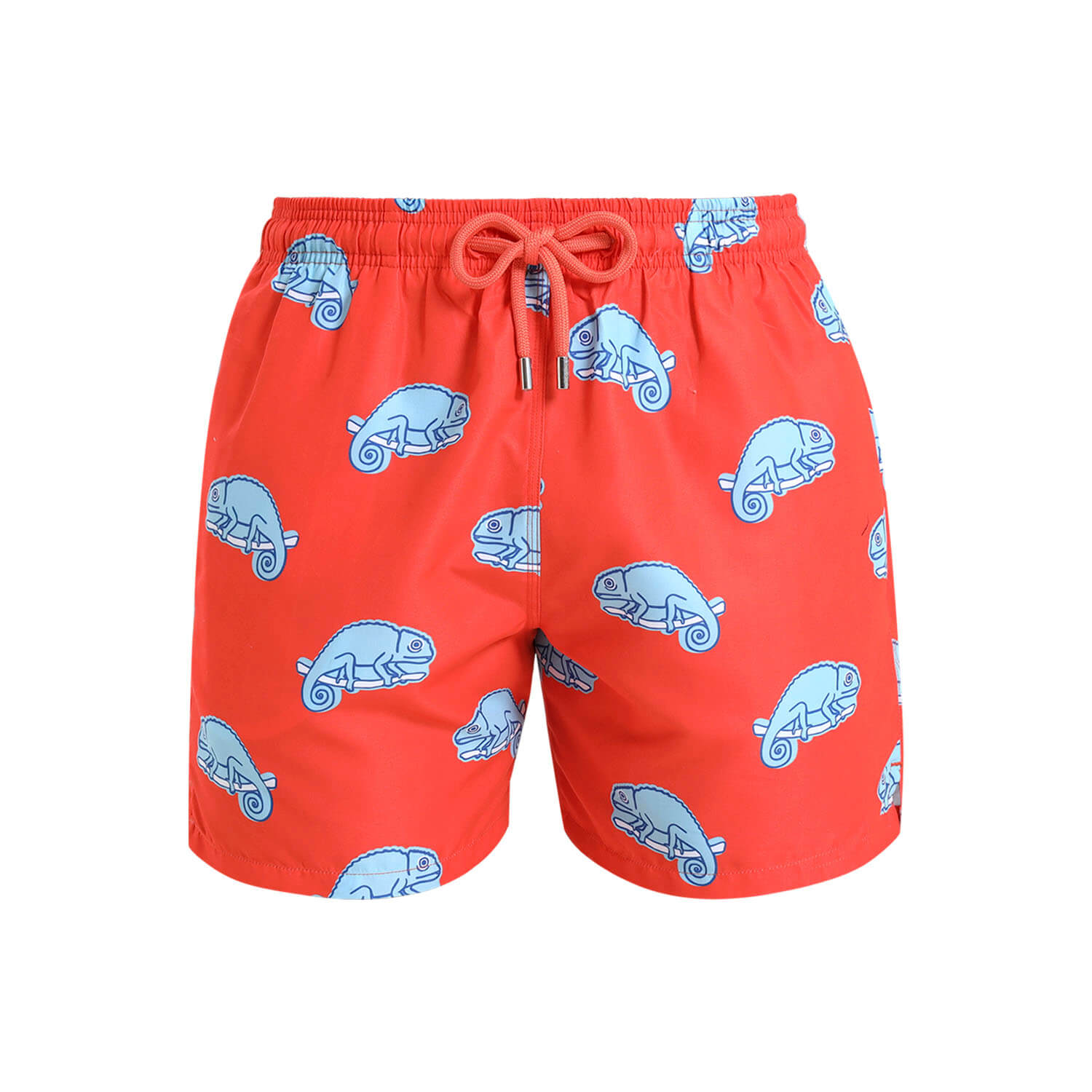 Orange swim shorts for boys with a blue chameleon design and an adjustable draw cord.