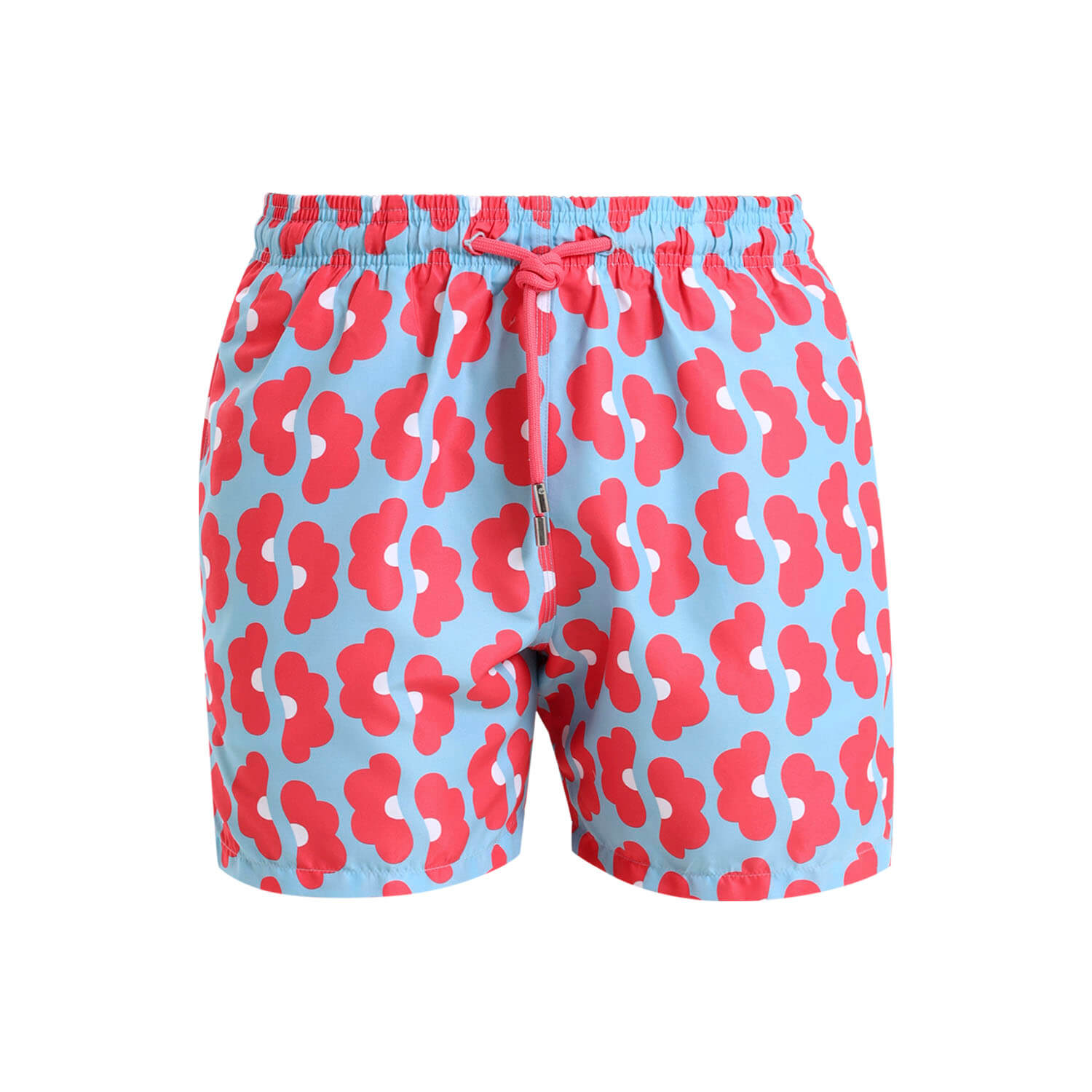 Swim shorts for boys with an elasticated waistband and a blue and coral daisy print.