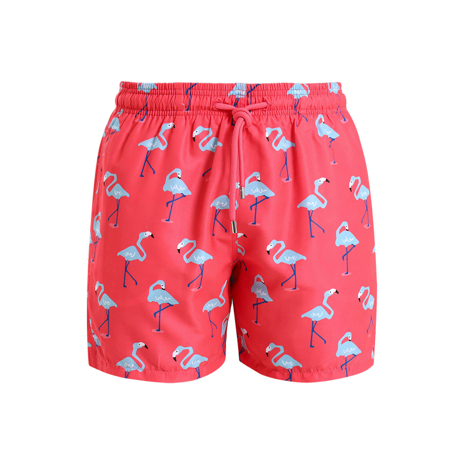 Coral coloured boys swim shorts with a blue flamingo pattern