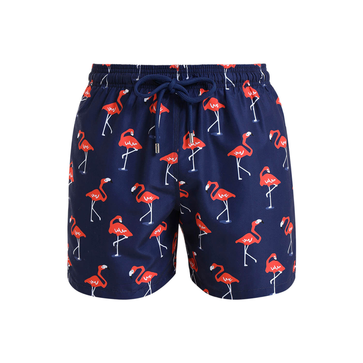Navy boys swim shorts with a fun flamingo pattern.