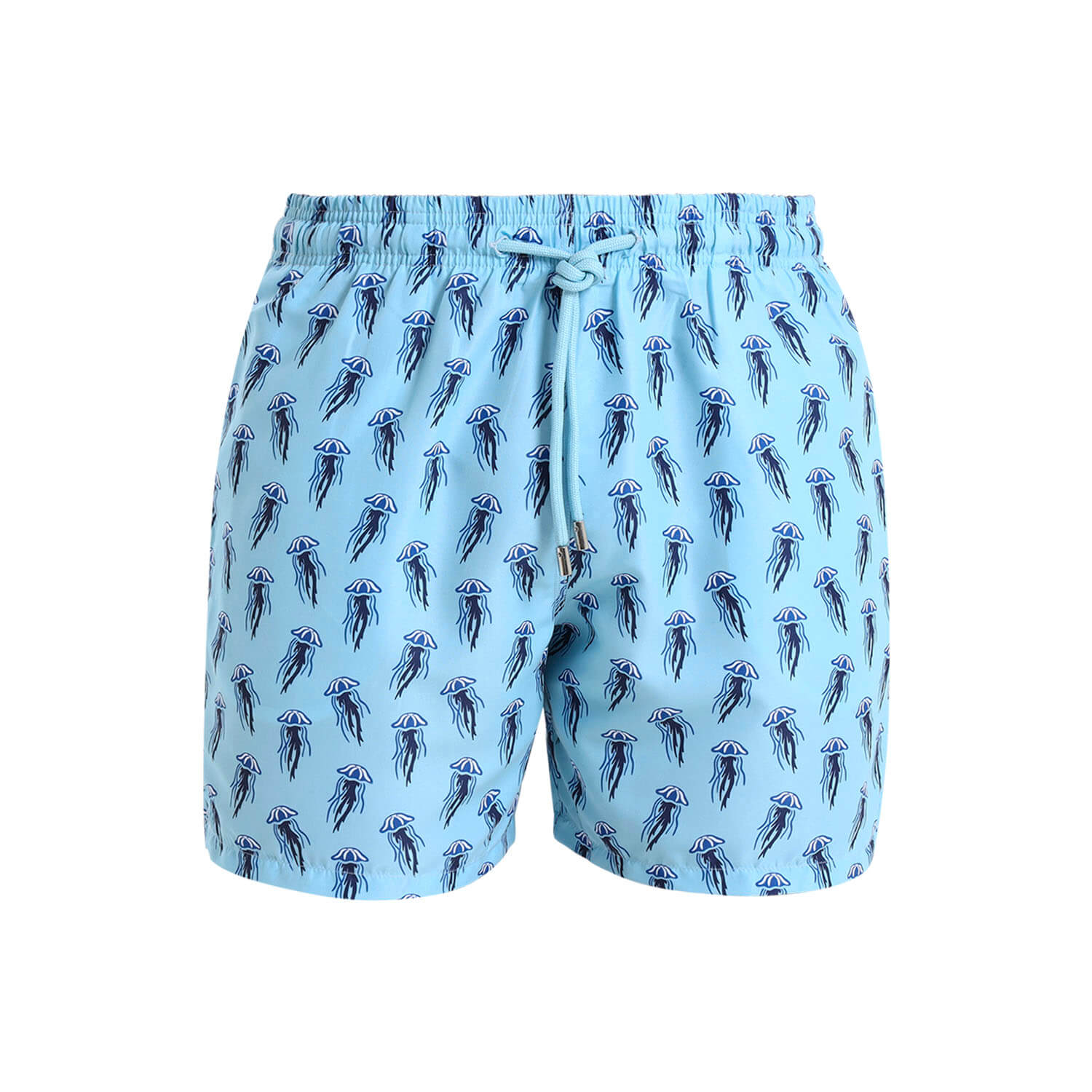 Light blue boys swim shorts with an elasticated waist band and a navy jellyfish design