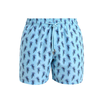 Light blue boys swim shorts with an elasticated waist band and a navy jellyfish design