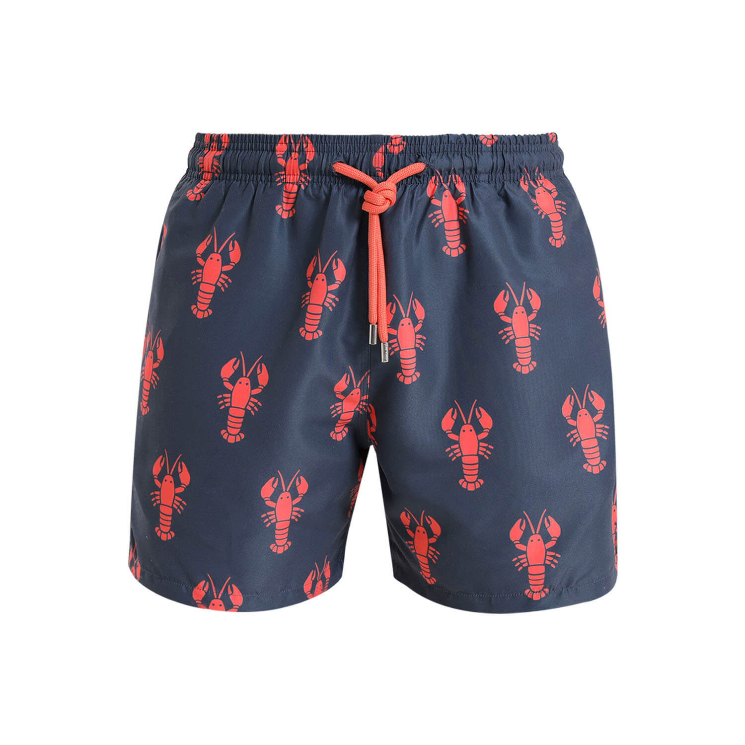 Boys swim shorts with an orange lobster pattern and matching orange draw cord.