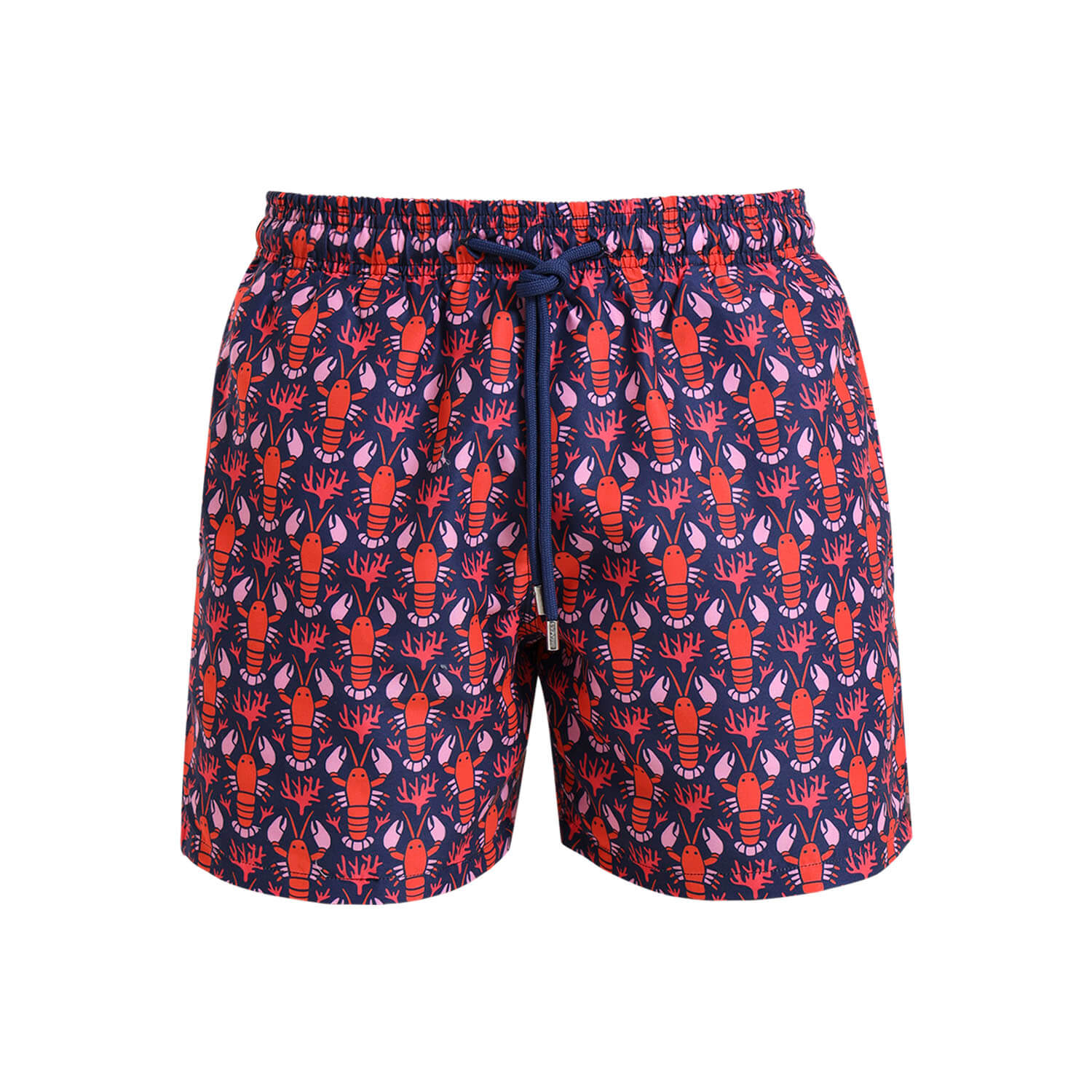 Navy boys swim shorts with an orange lobster pattern.
