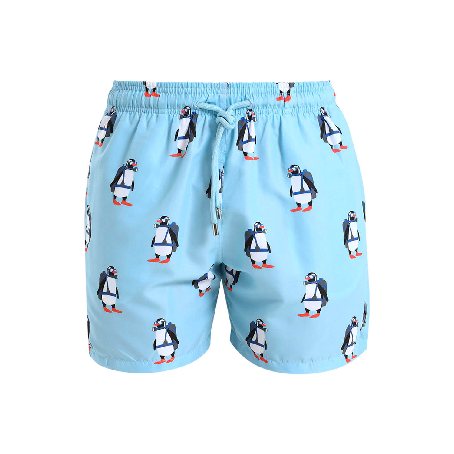 Blue boys swim shorts with a penguin design.