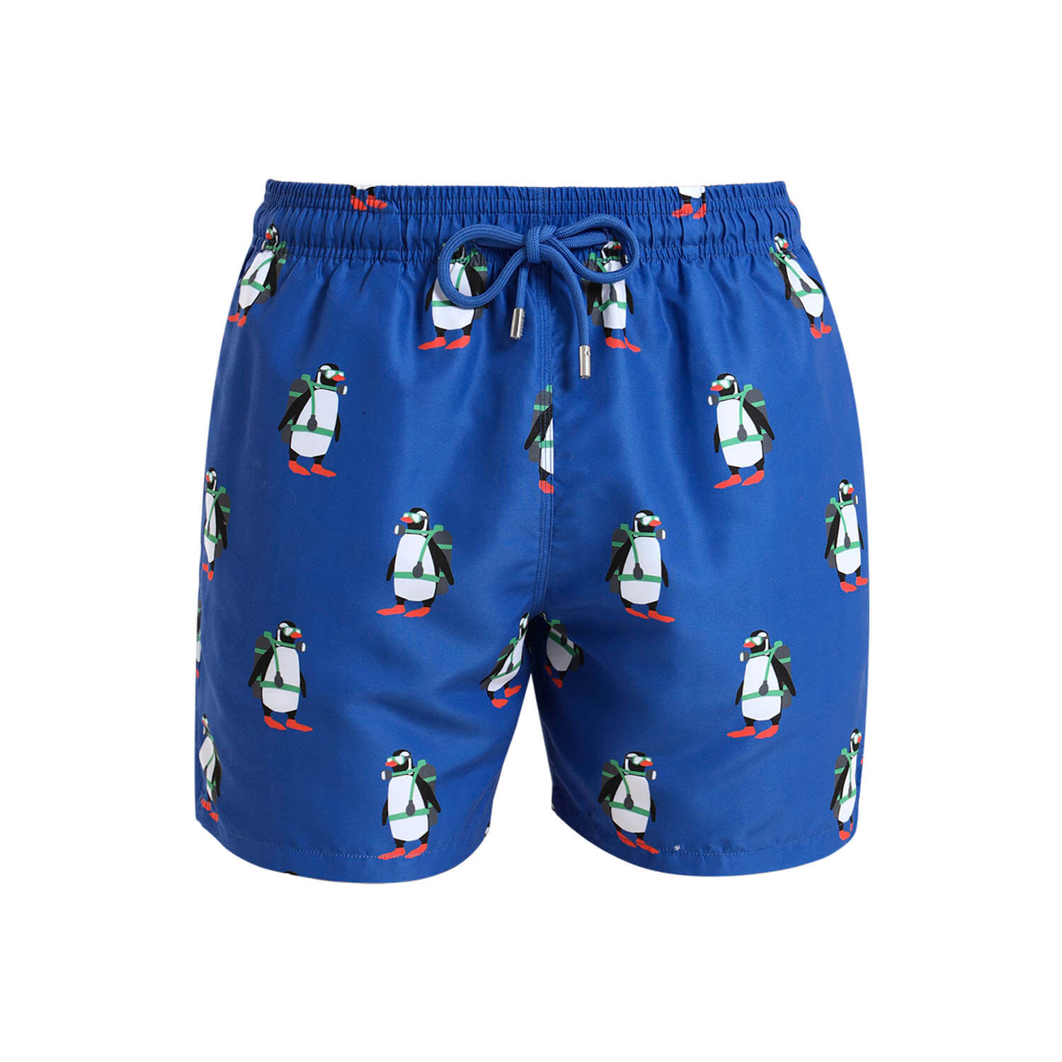 Royal Blue kids swim shorts with a quirky penguin design and matching draw cord.