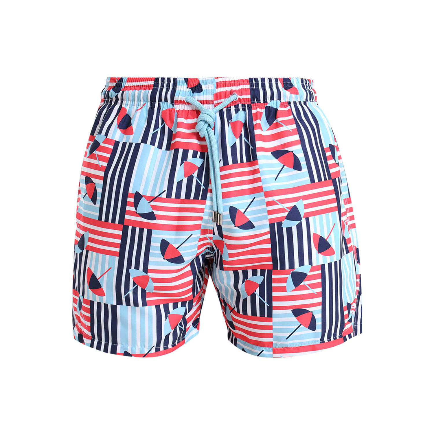 Boys swim shorts with a blue umbrella print.