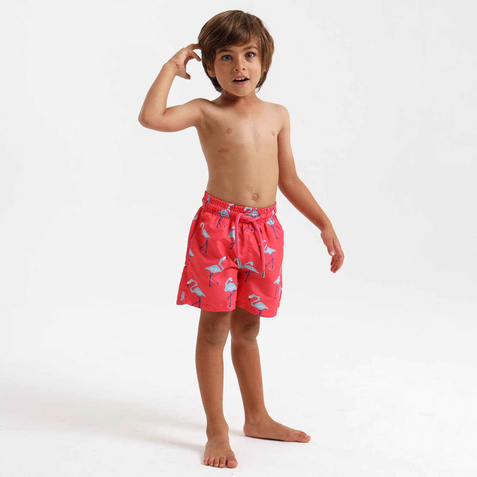Boy wearing swim shorts with a blue flamingo design.