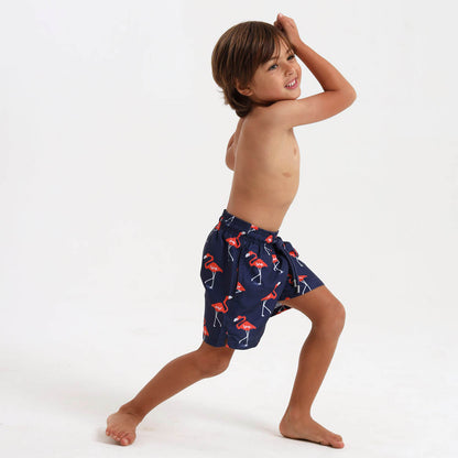 Kid wearing navy swim shorts with an all over flamingo design.