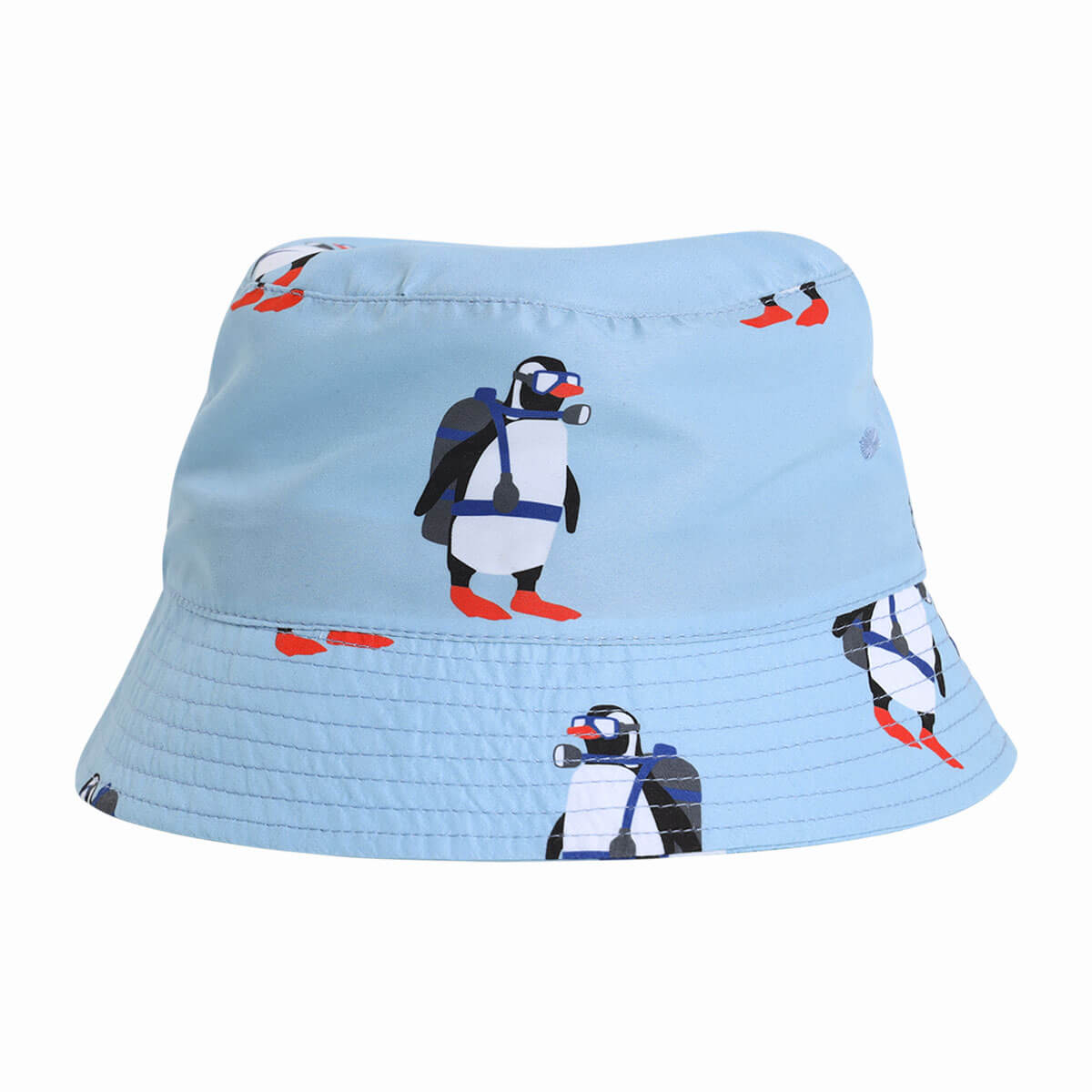 Light blue bucket hat with penguin design.