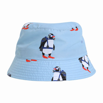 Light blue bucket hat with penguin design.