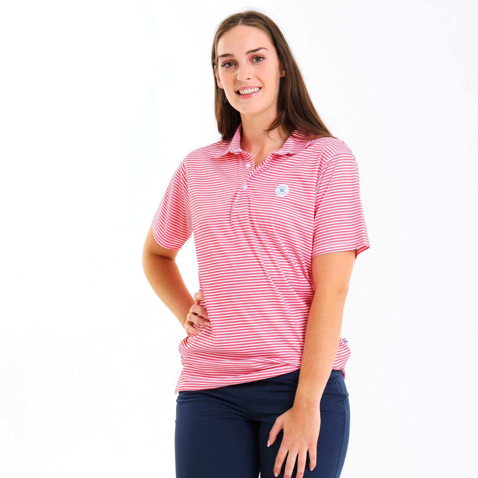 Ladies Golf Shirt - Stripes | Coral