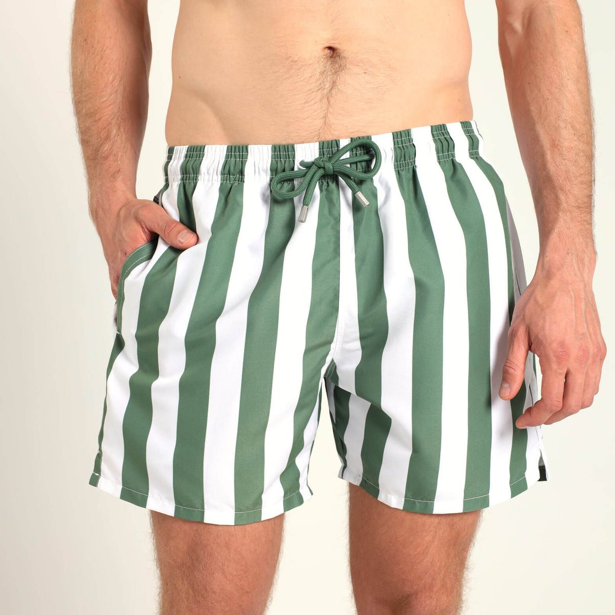 Swim Shorts - Stripes | Army Green & White