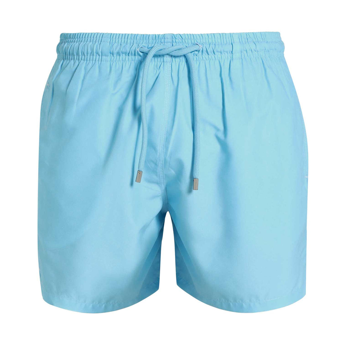 Breazies men’s baby blue swim shorts with an elastic waistband and blue drawstring.