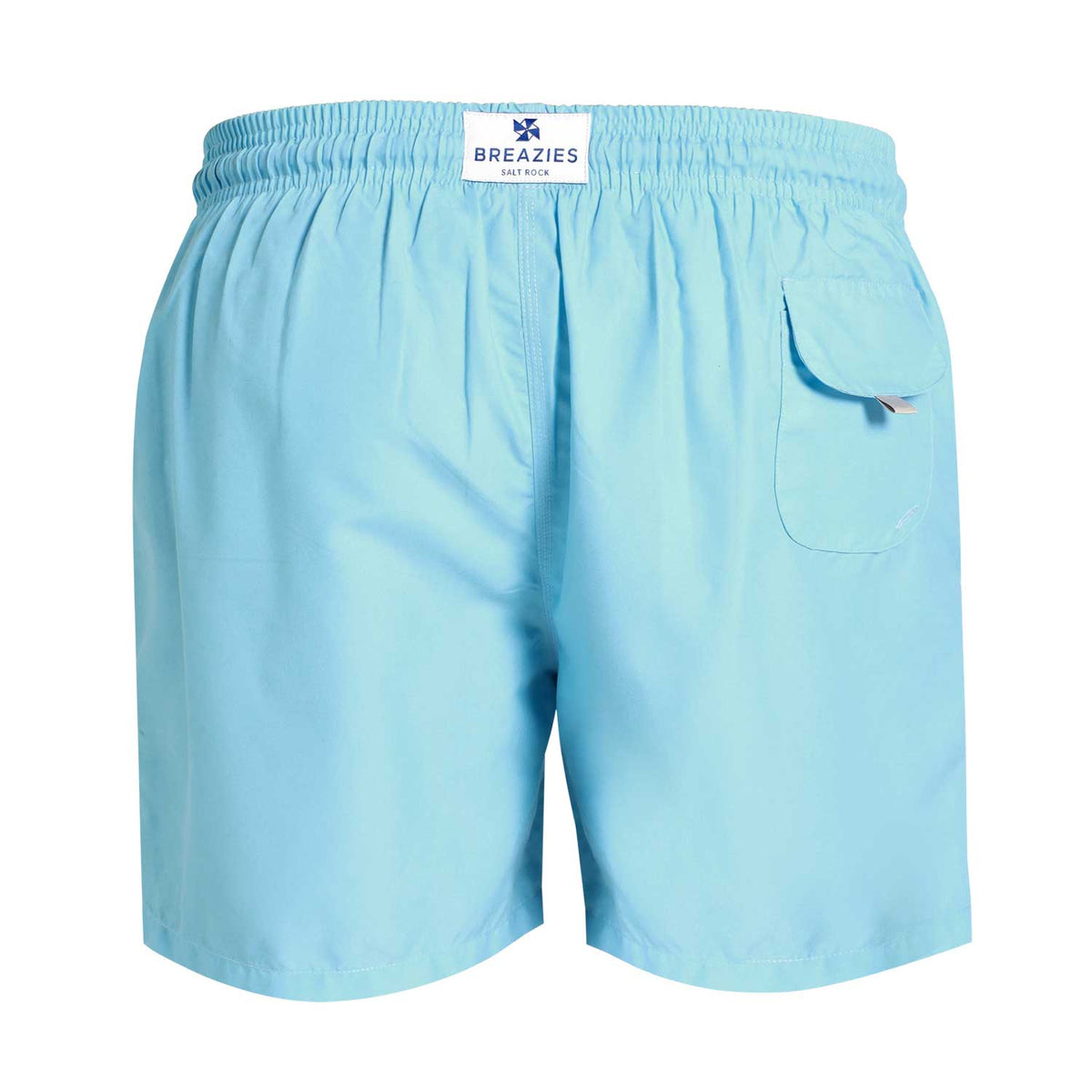 Breazies men’s baby blue swim shorts with an elastic waistband and blue drawstring.