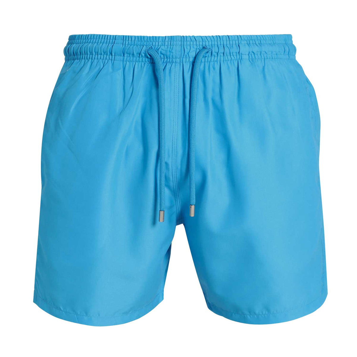 Breazies men’s bubblegum blue swim shorts with an elastic waistband and blue drawstring.