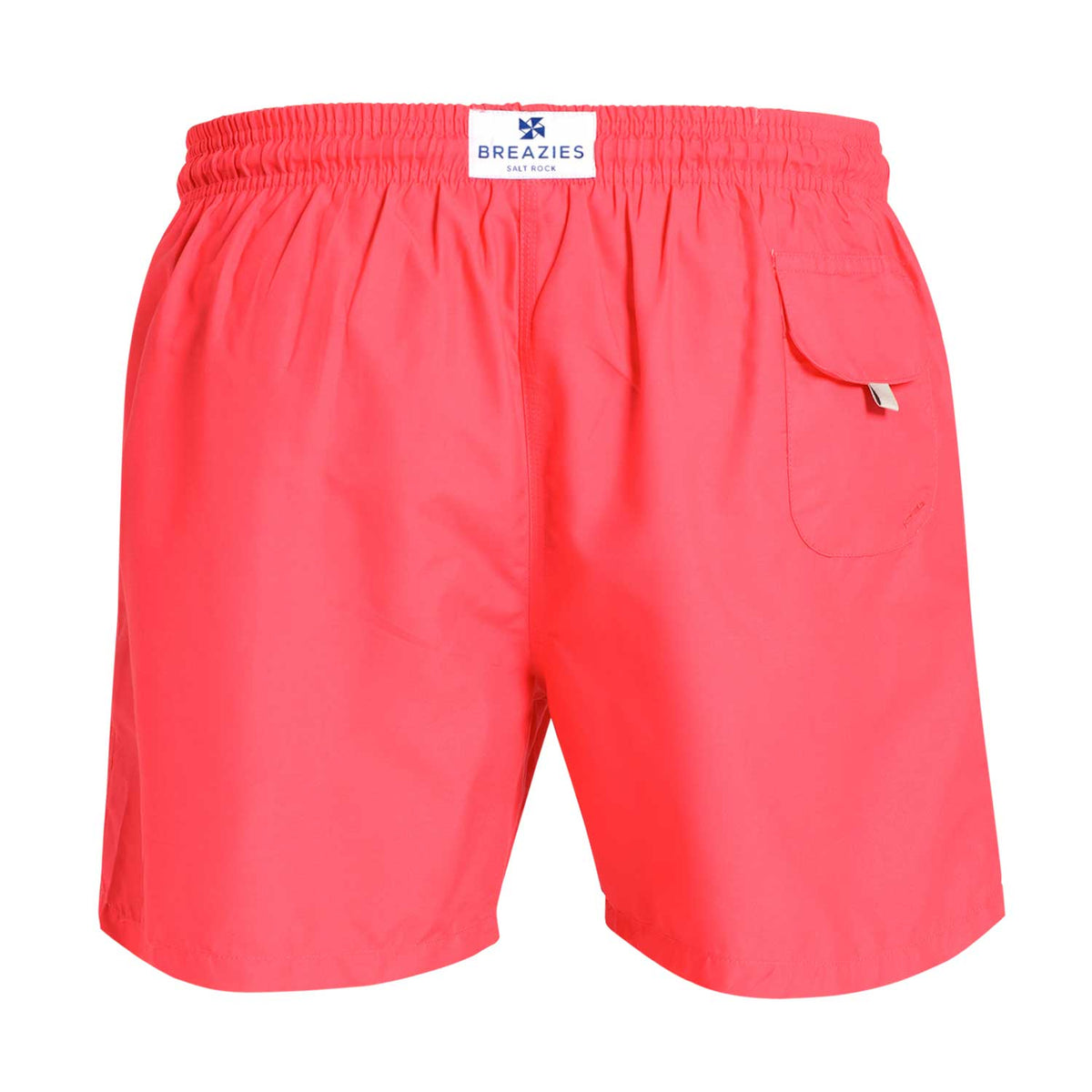 Breazies men’s coral swim shorts with an elastic waistband and coral drawstring.