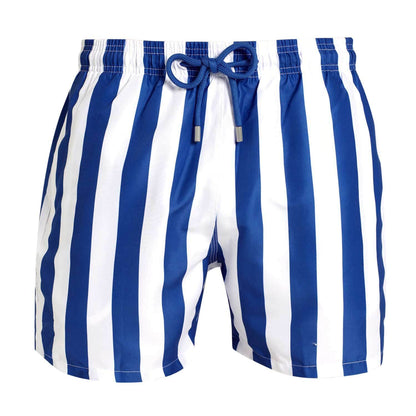 Breazies men's swim shorts with royal blue and white vertical stripes, an elastic waistband and blue drawstring.