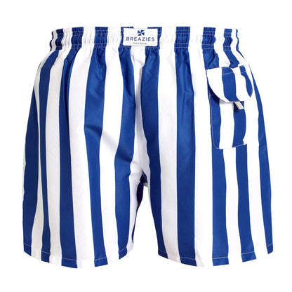 Breazies men's swim shorts with royal blue and white vertical stripes, an elastic waistband and blue drawstring.