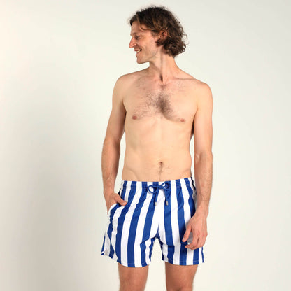 Breazies men's swim shorts with royal blue and white vertical stripes, an elastic waistband and blue drawstring.
