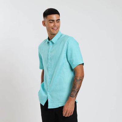 Short Sleeve Linen Shirt | Turquoise