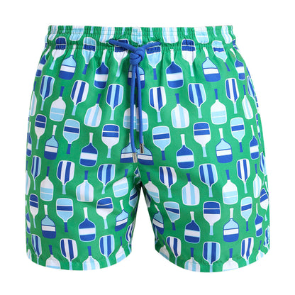 Swim shorts with an illustrated beach bat design