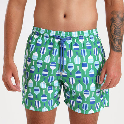 Mens swim shorts with green and blue beach bat design