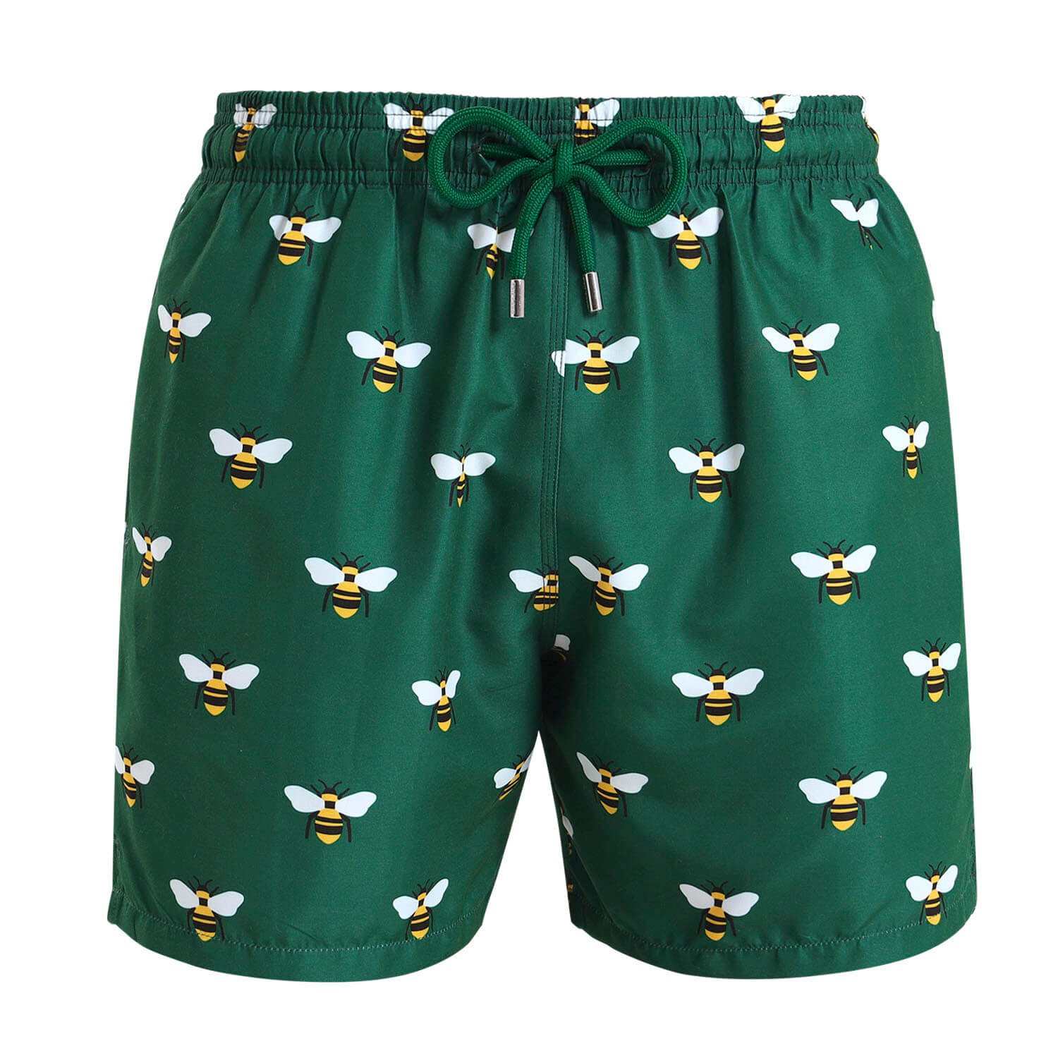 Breazies Mens swim shorts with a bee illustration on green back ground.