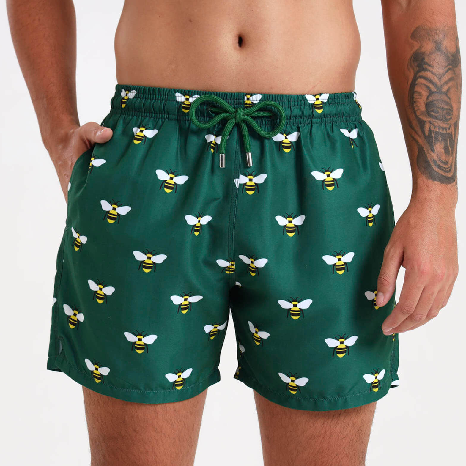 Breazies Mens swim trunks with a bee illustration.