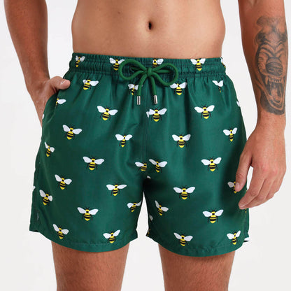 Breazies Mens swim trunks with a bee illustration.