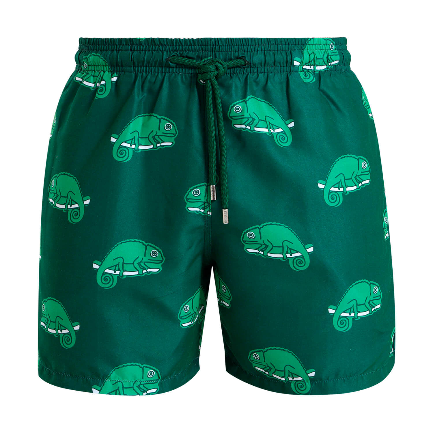 Breazies swim shorts with a green chameleon design.