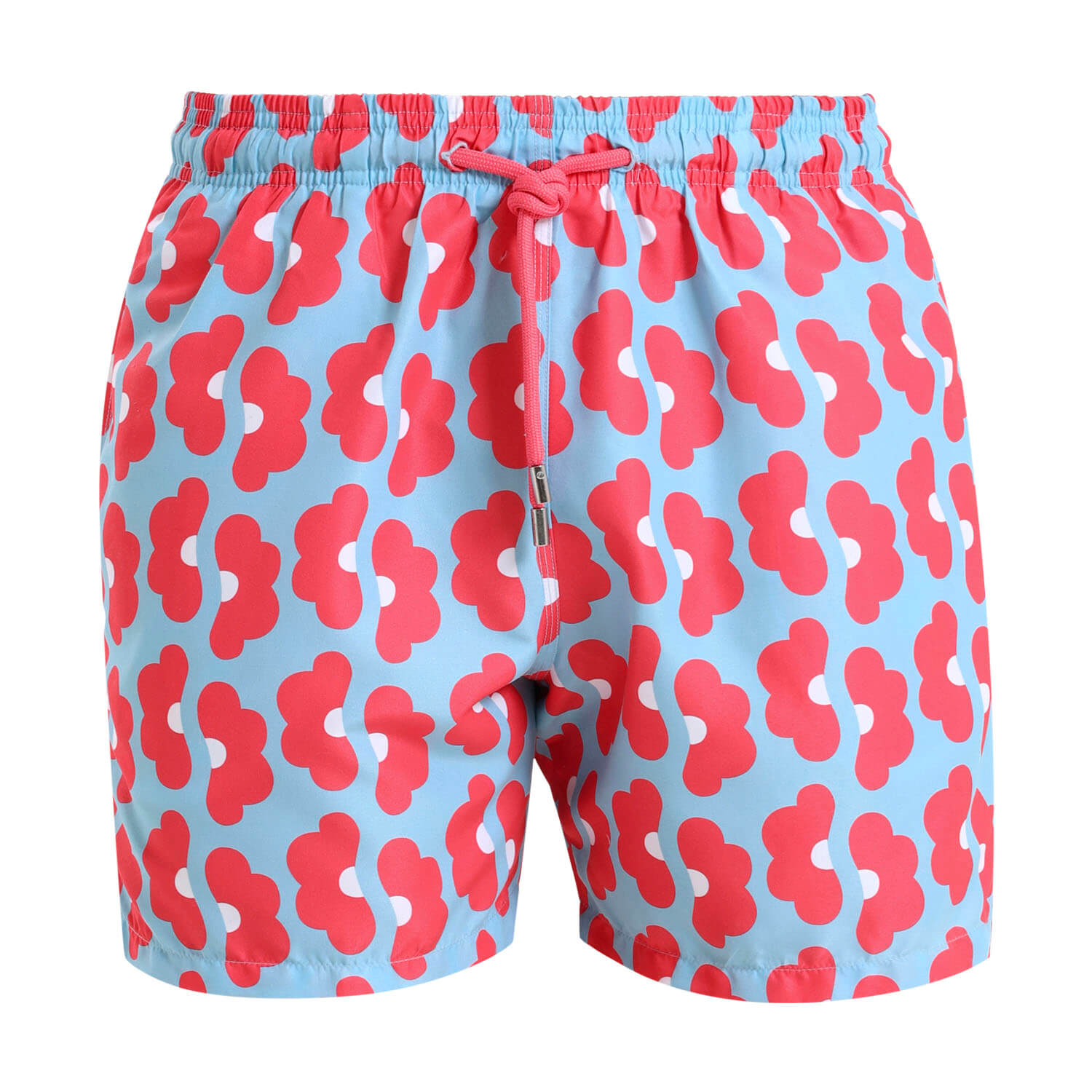 Premium swim shorts with a coral floral design on a baby blue background