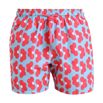 Premium swim shorts with a coral floral design on a baby blue background