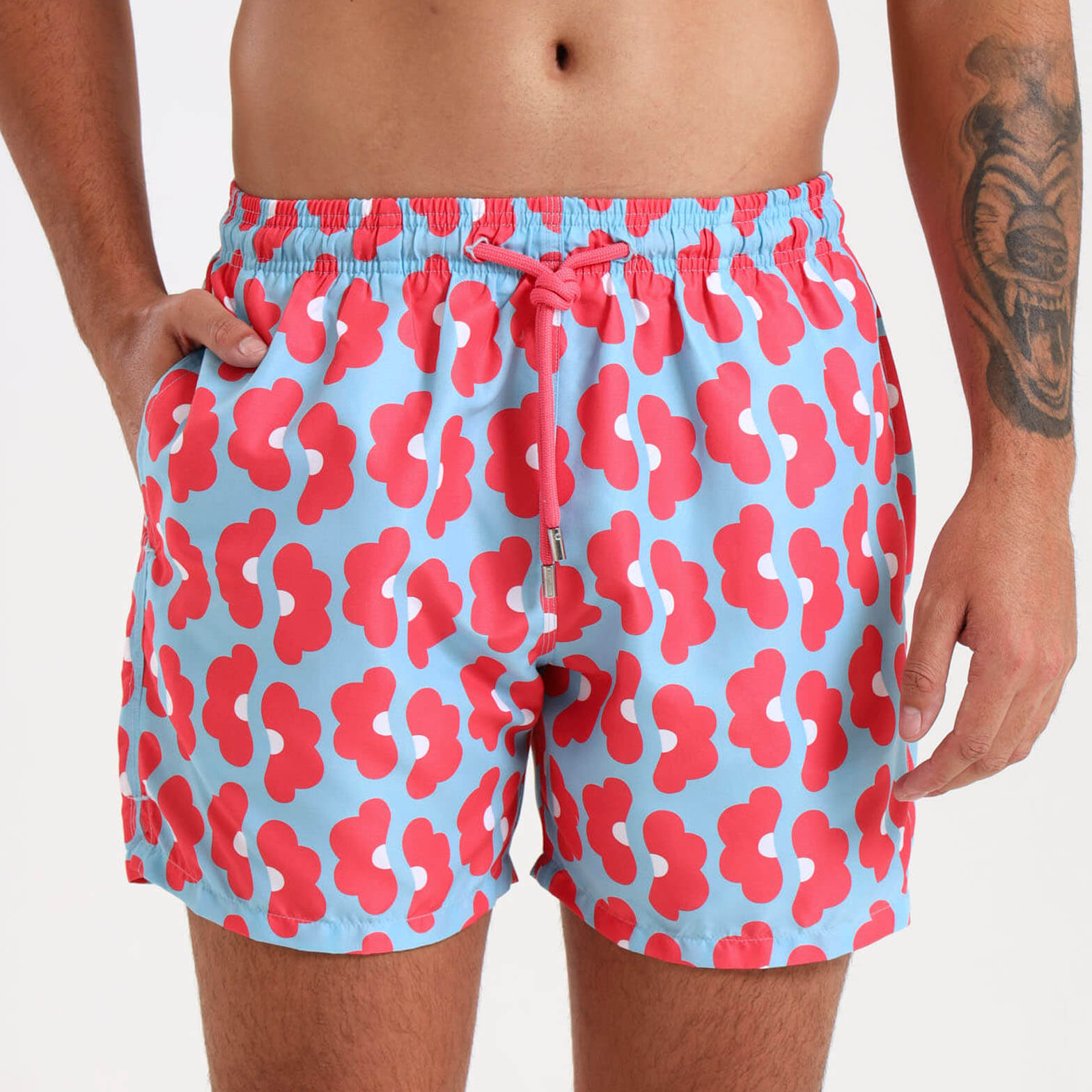 Mens classic mens swim shorts in a blue and coral print