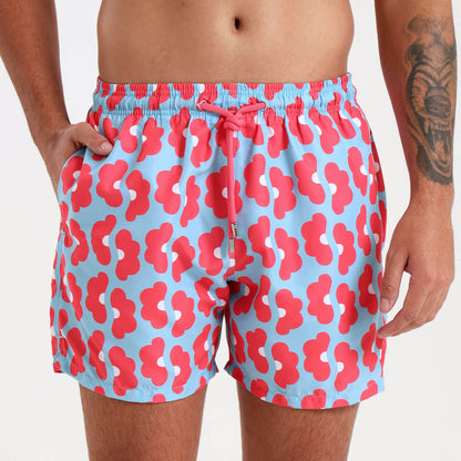 Mens classic mens swim shorts in a blue and coral print
